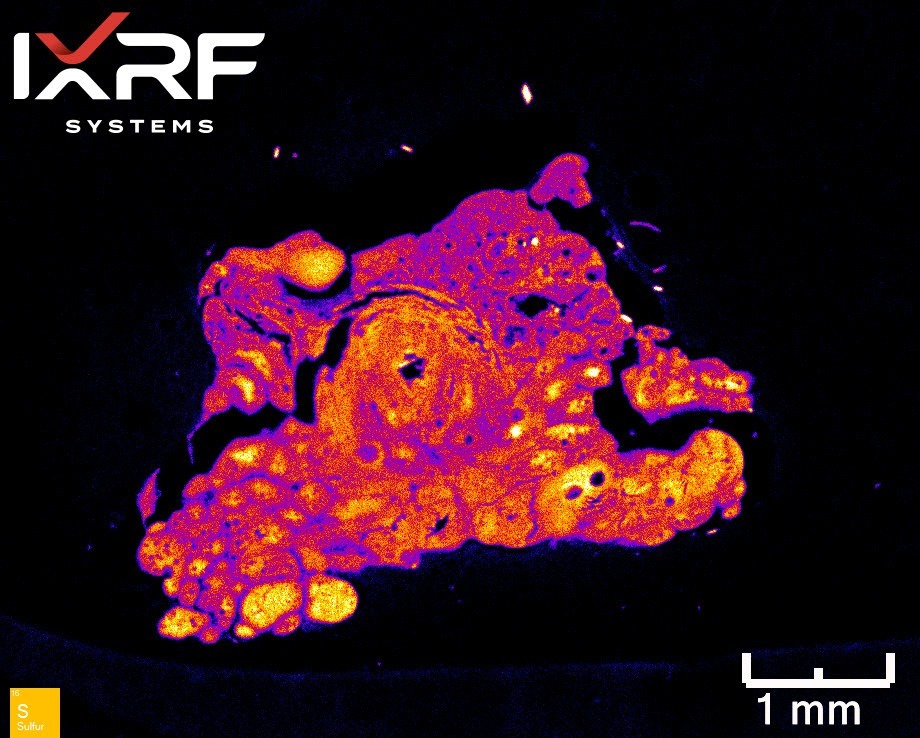 2D elemental map of a thin section of a human pancreas, collected at 5 micron spot size, displaying the distribution of Sulfur in Fire mode.